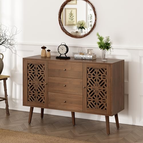 ARTPOWER 48 Hollow Carved Sideboard Buffet Cabinet Accent Cabinet with Drawers and 2 Doors Retro Sideboard Storage Cabinet Credenza for Living Room Kitchen Dinning Room Hallway