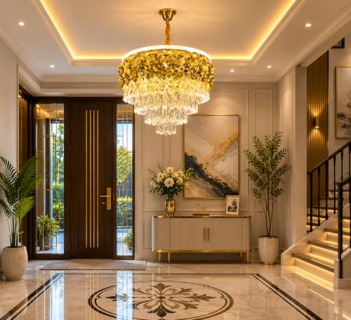 Image of Elegant Chandelier Ceiling Light for Living Room Hanging Pendant Light | Italian K9 Crystals | Metal Frame | Adjustable LED Light-Pack of 1 (Chandelier-Floral-500MM-Gold)