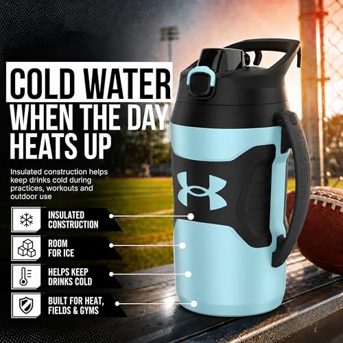 Image of Under Armour Insulated Water Bottle with Handle & Fence Hook, Half Gallon Sports Water Jug, Leak-Resistant & BPA-Free for Baseball, Football & Gym - Breeze Blue /Black, 64oz