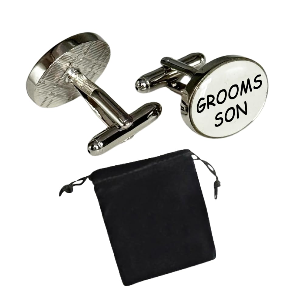 Virens Empourium Men's Wedding Cufflinks WHITE OVAL Cufflink, Groom Best Man Usher Page Boy and Many More Titles, Gift Pouch with Every Pair of Cuff Link (Grooms Son)