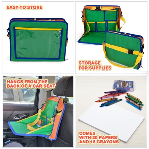 Image of ArtCreativity Kids Travel Tray - Car Seat Table Tray with 16 Crayons, 20 Paper Sheets, 5 Clear Pockets