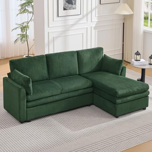 Image of 85 inch Sectional Couches with Right Chaise, Comfy Deep Dual-Layer Cushion Couch, 4 Seater L Shaped Couch, Modern Modular Sofa, Corduroy Sofas for Living Room, Apartment, Green