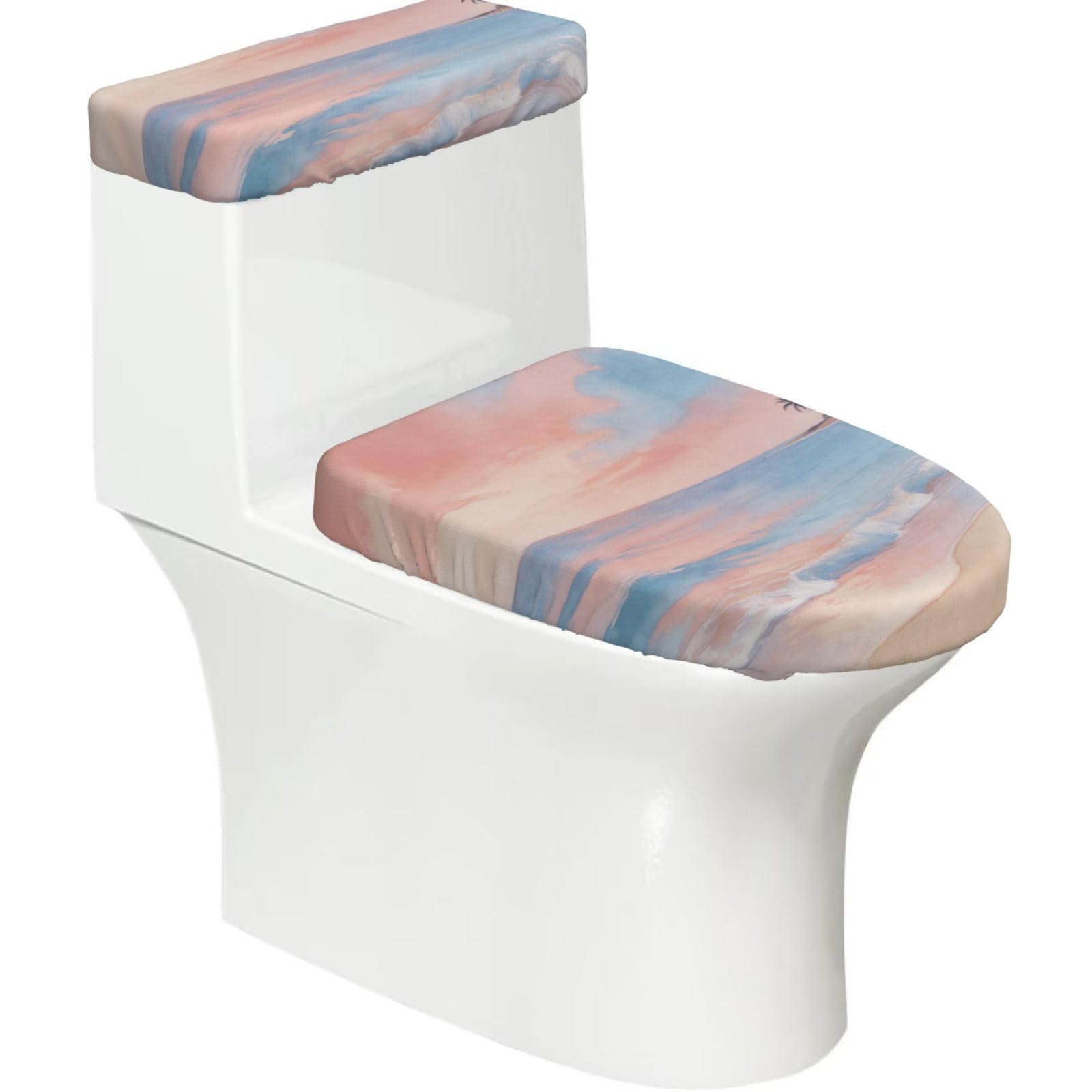 Coral Sea Foam Elastic Toilet Cover Set of 2-Stretchy Lid and Tank Covers for Bathroom, Soft Washable U Shape Toilet Decor