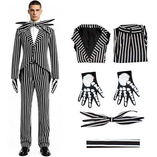 Lyxaof Jack Skeleton Costume for Adult Men Striped Jack Skeleton Suit with Skull Gloves Halloween Christmas Cosplay Outfits (L)