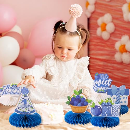 Image of 9pcs Blueberry First Birthday Honeycomb Centerpieces Sweet One Berry Party Table Decorations Blueberry Tabletop Centerpieces for Baby Shower One Birthday Table Topper Sign Decorations