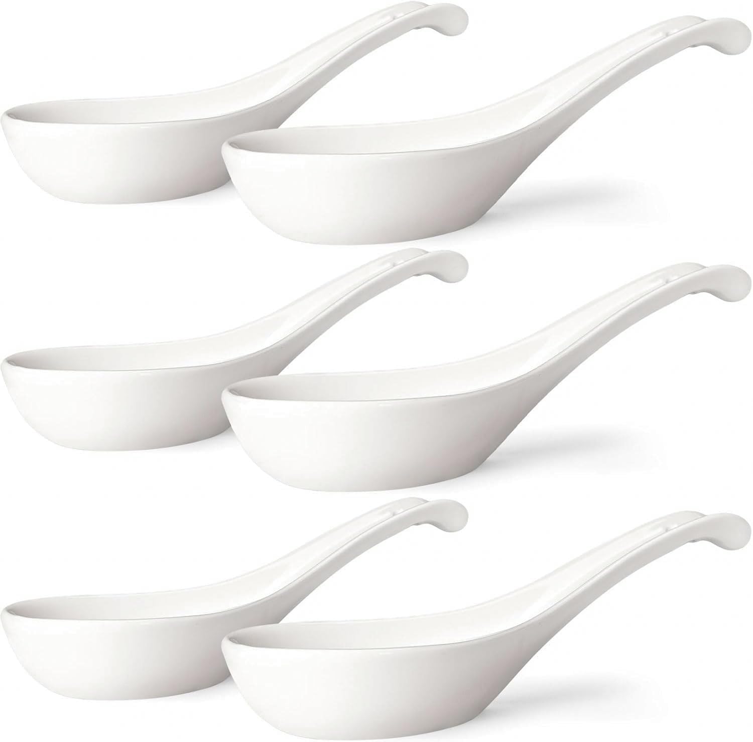 Asian Soup Spoons Set of 6, Ceramic Chinese Soup Spoons 7 Inch Japanese Spoon for Ramen Pho Dumpling Miso Wonton Noodles | Long Handle Flat Bottom Deep Oval Hook Design | White