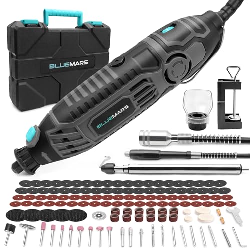 Bluemars Juego de múltiples herramientas giratorias de 200 W, 6 velocidades variables, 129 piezas de accesorios incluidos, portabrocas sin llave y eje flexible, amoladora, perforación, grabado, corte