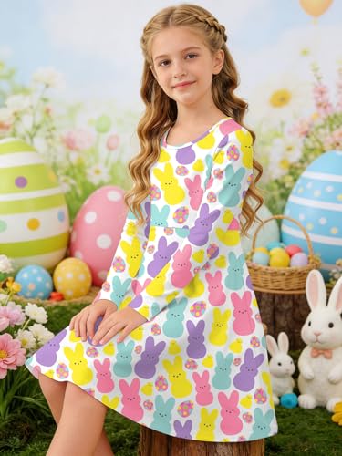 Image of Ithalt Girls Easter Dress Bunny Print Shirts Easter Long Sleeve Dresses Litter Girls Christian Easter Gifts 5-12y