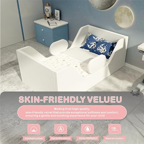 Toddler Bed, Child Bed for Kids with Extra Safty Broad, Standard Crib Size Toddler Bed, Certified Fabric Toddler Beds,Toddler Flood Bed (White)