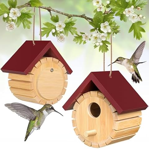 2 Pack Hummingbird House Kit, Hummingbird Houses for Humming Birds Nesting Outdoors, Wooden Spray Painted Hummingbird House with Hemp Ropes, Decorative Chickadee Box Wren nest Hanging Outside Window Cover