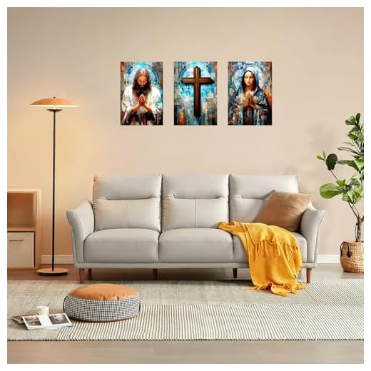 1Set/3pcs Religious Triptych Wall Art - Jesus, Cross & Mary in Colorful Mosaic Style, 8x12 Inches, Unframed