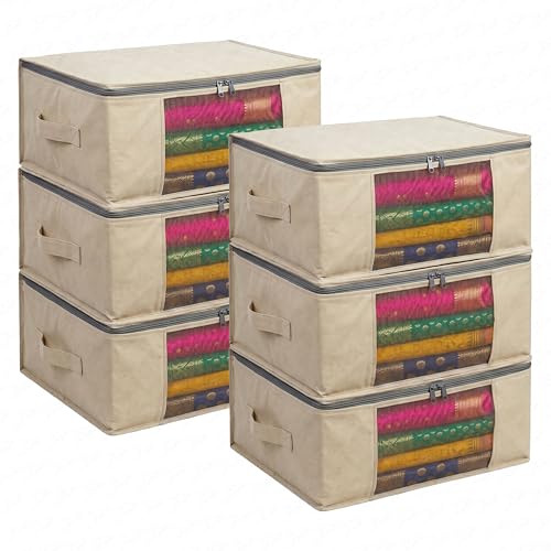 Image of Lukzer Cotton Canvas Large Saree Cover Bags for Storage with Zip & Transparent Mesh Window /Clothes Organizer for Wardrobe - Set of 06 | Saree Bags Designed for Lehengas /Blankets /Dresses - 44x31x19 CM
