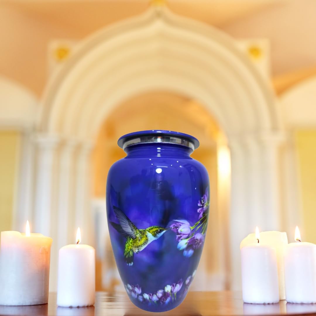 Aluminum Hummingbird Urn for Ashes Design Cremation urns | Funeral and Memorial Urns for Human Ashes | Beautifully Handcrafted Decorative Urns for Love Ones | Secure & Lightweight | Colour- Blue