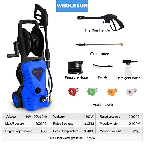 WHOLESUN 3000PSI Electric Pressure Washer 2.4GPM Power Washer 1600W High Pressure Cleaner Machine with 4 Nozzles Foam Cannon,Best for Cleaning Homes, Cars, Driveways, Patios (Blue)