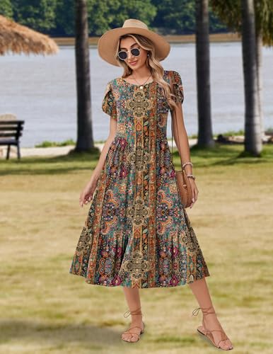 Image of Zeagoo Women Summer Midi A Line Dress Short Sleeve Casual Flowy Tiered Beach Long Sundress with Pockets 2026 Vacation Travel