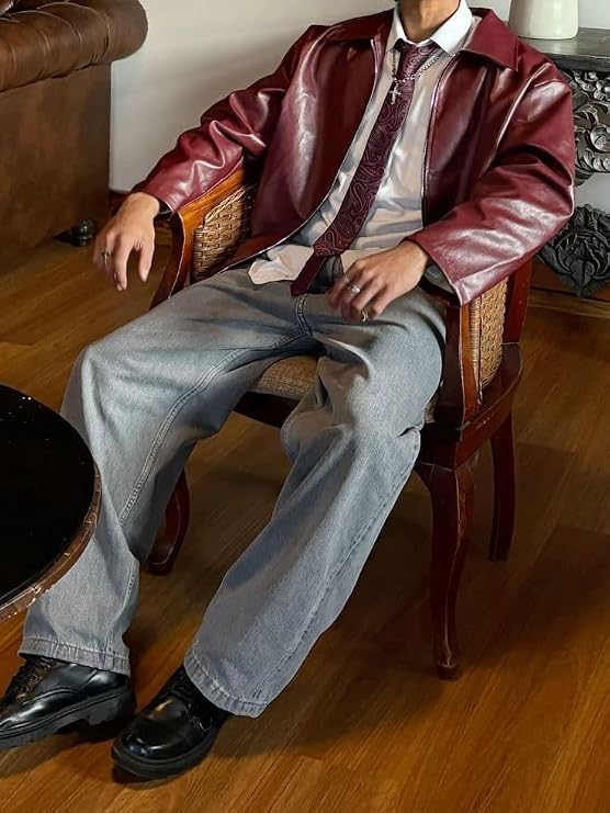 Generic Men's Maroon Leather Jacket - Image 2