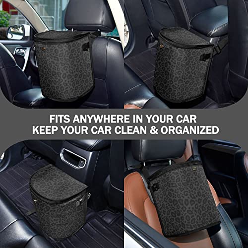 Image of Black Leopard Car Trash Can Animal Skin Print Car Garbage Bag with Lid Hanging Waterproof Leak Proof Vehicle Storage Bin