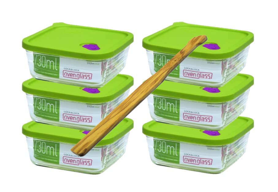 6x LLG165 LocknLock Lot de conservation 730 ml 155x155x64, verre borosilicate jusqu'à 400 °C - Passe au four et au micro-ondes, Avec Venti et SeleXions spatule multifonction