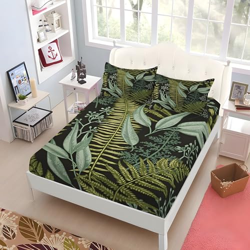 植物ワイドキング シーツ葉ベッドカバー柔らかい通気性マイクロファイバー 3点セット防ダニ高反発 吸水 速乾 抗菌 防臭 防ダニと 2 枕カバー43x63 cm着脱簡単 丸洗い可能 マットレスカバー200x200x30 cm