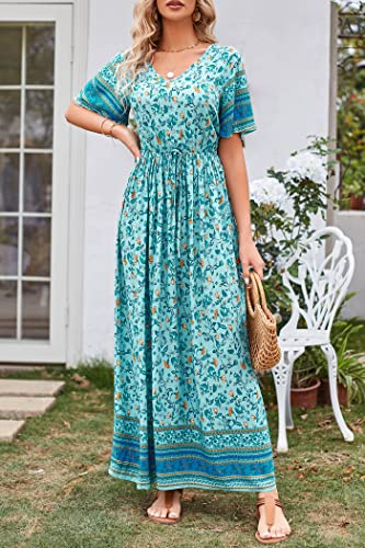 Image of PRETTYGARDEN Women's Casual Summer Boho Floral Print Dress V Neck Short Sleeve High Waist Long Maxi Beach Dresses
