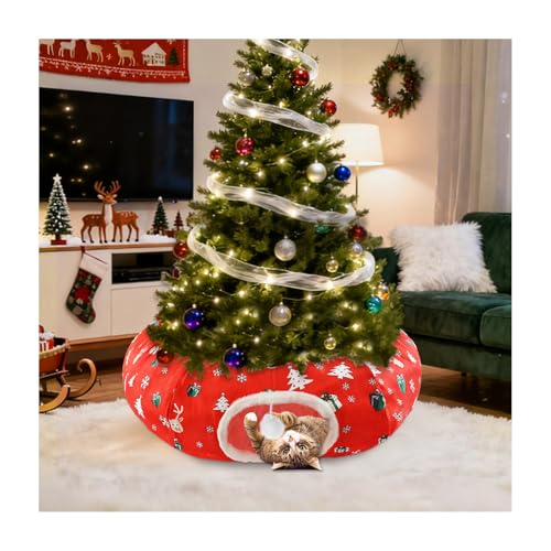Uoiispet Cat Tunnel Bed Under Christmas Tree Skirt 36 Red Christmas Cat Toy Circle Tunnel with Toy Ball Decorative Xmas Tree Cats Donut Foldable Kitty Tube Tunnel for Indoor Cats/Small Animal