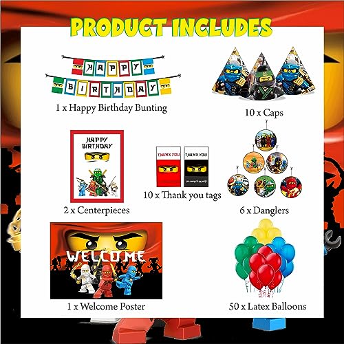 Image of PRETTY UR PARTY Ninjago Party decorations Kit - 80 pcs Includes Banner, Balloons, Thank You, Centerpiece, Danglers, Warrior Ninja Party Supplies, DIY Happy Birthday Decoration Kit for Kids, Gamer