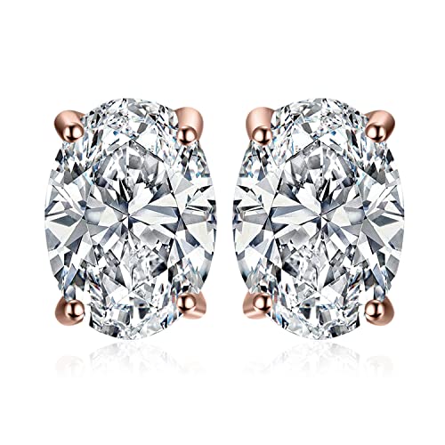 JewelryPalace Oval Cut 2ct Cubic Zirconia Solitaire Stud Earrings for Women, 925 Sterling Silver 14k Rose Gold Plated Earrings for Her, Classic Simulated Diamond Earrings VVS D-F
