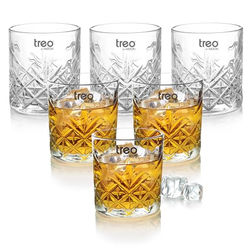 Treo by Milton Barley 340 Clear Whiskey Glass Tumbler Set of 6, Bar Glasses for Drinking Bourbon, Whisky, Scotch, Cocktails, Transparent Tumblers, 340 ml Each