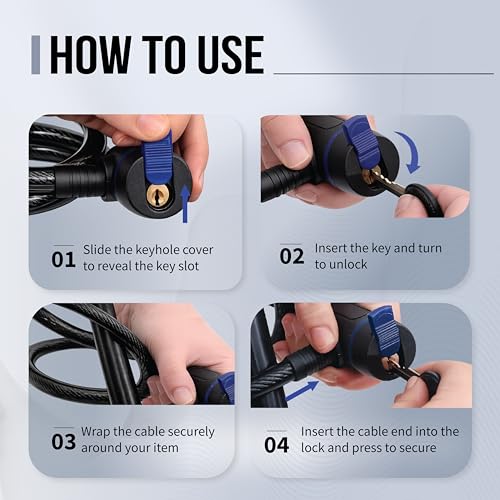 Image of Robustt Braided Steel Cable Lock with Keys - 0.65m Long, 10mm Thick PVC Coated Cut-Resistant Cable | Dust Cover Key Slot | Extra Key Included | Anti-Theft Cable Lock