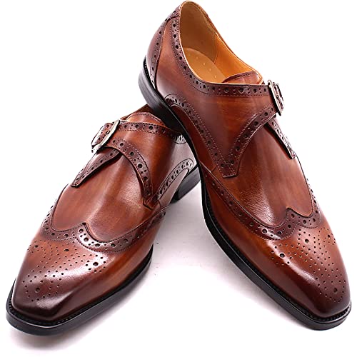 Men Formal Dress Double Monk Shoes Smart Office Monk Strap Shoes Leather Buckle Derbys Wingtip Brogues,Brown-474