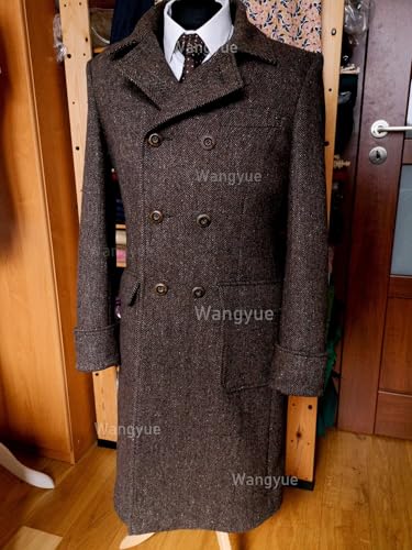 Wangyue Tweed Trench Coat Men Double Breasted Pea Coats Notch Collar Herringbone Tweed Overcoats Slim Fit Winter Wedding4