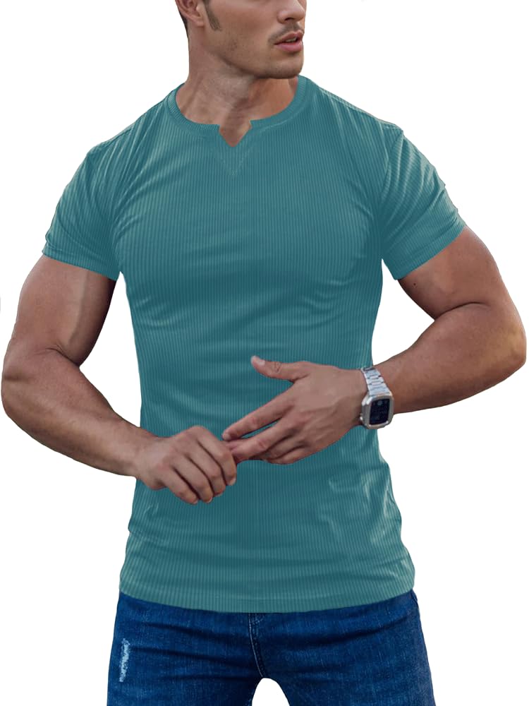 Men's Muscle Stretch Shirts Long&Short Sleeve V Neck Slim Fit Stylish T-Shirts Casual Thermal Underwear Large 01short-blue