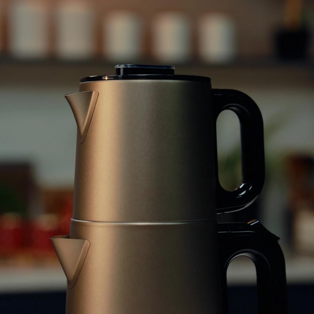 Dem Vakti Teekocher – 2,0L + 1,0L, 1800W, Edelstahl Teemaschine, Warmhaltefunktion, 360° Basis, Türkischer Teekocher