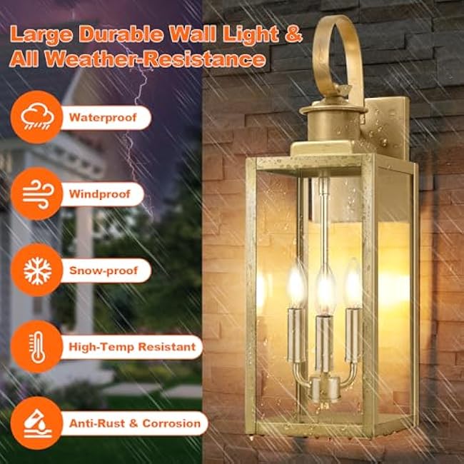 19'' Large Outdoor Wall Lantern Gold Outside Wall Sconce Lights Exterior Lighting Fxitures