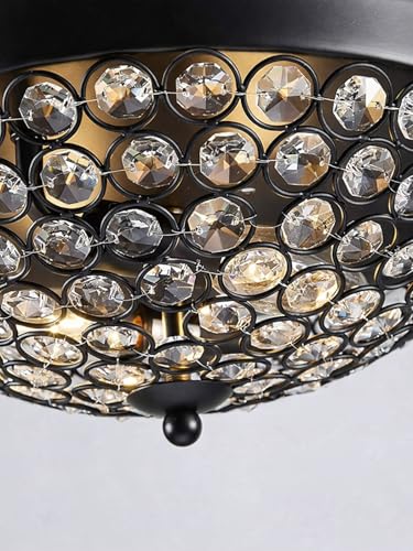 Image of 2-Lights Dome Shape Metal Glass Crystal Chandelier Jhoomar Ceiling Light for Living Room | Modern Flush Mount Crystal Ceiling Lamp | Warm White LED Included