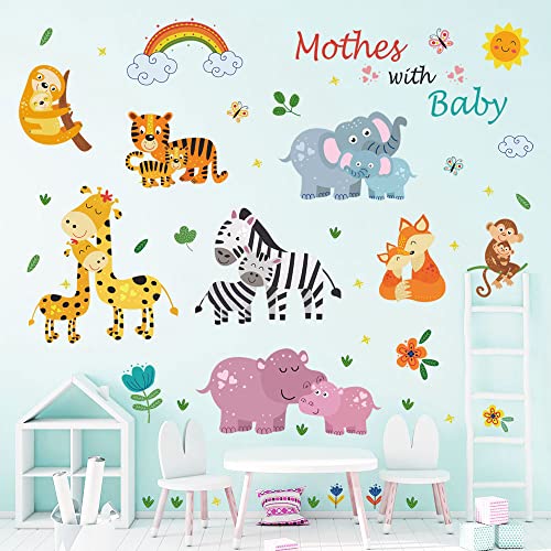 Supzone Jungle Animal Wall Decals Cartoon Animal Mother With Baby Wall Stickers Elephant Giraffe Monkey Wall Sticker For Kids Baby Nursery Playroom Bedroom Girls Boy Room Wall Decor #TOP1