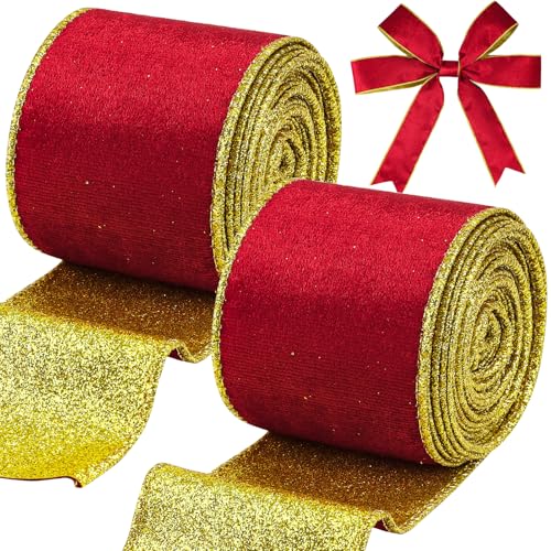 Tenn Well Red Velvet Wired Ribbon, Christmas Ribbon with Gold