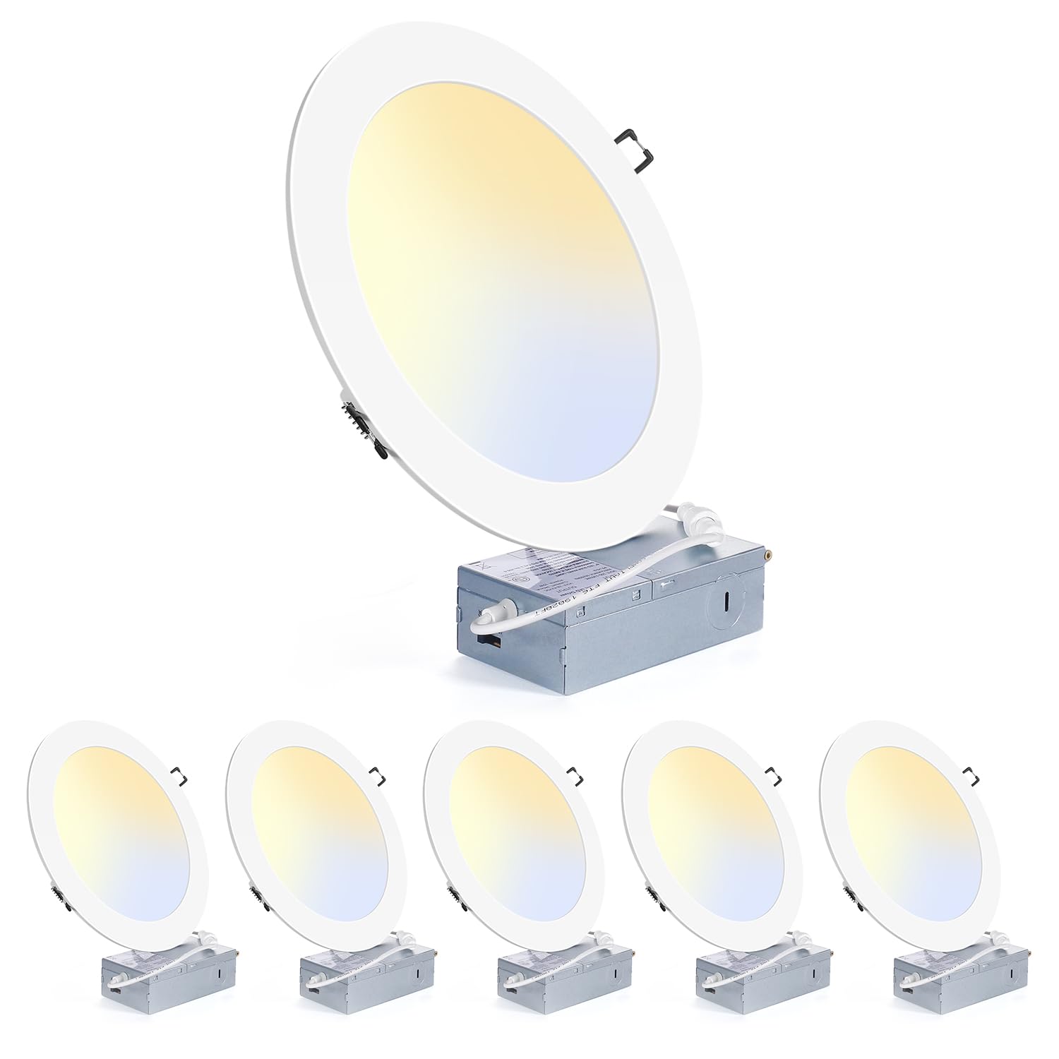 ZYC 8 Inch Recessed Lighting - 18W 1802LM Black Recessed Lighting,Dimmable 5CCT 2700K/3000K/3500K/4000K/5000K Selectable,IC Rated,Ultra-Thin Dimmable Canless Wafer Downlight Pack of 6 White.