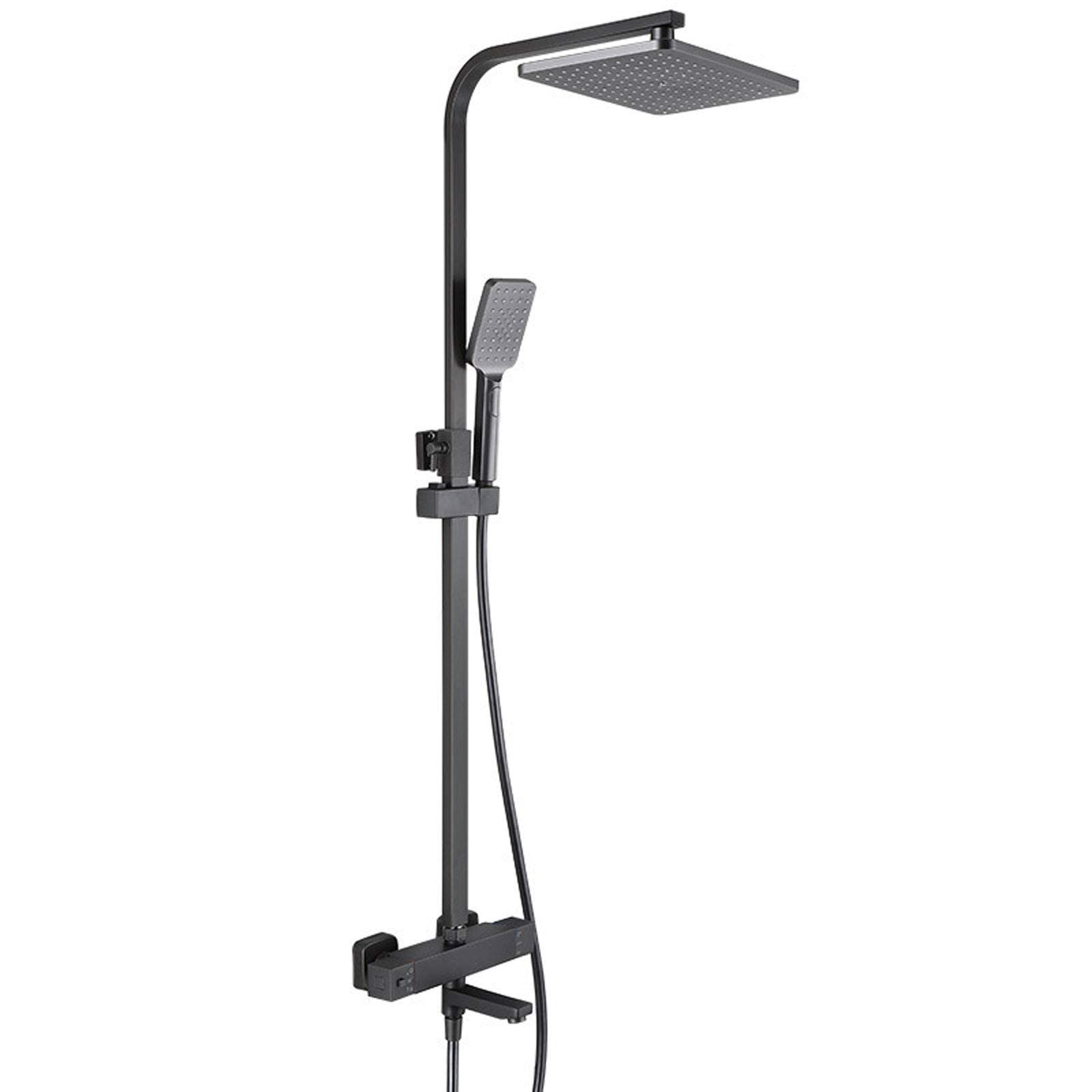 OZBMA Shower suit, Thermostatic Black Brass Bathroom Set with Overhead Head Tap, Adjustable Height Wall Mounted Mixer for Hotel Gym Adults,A