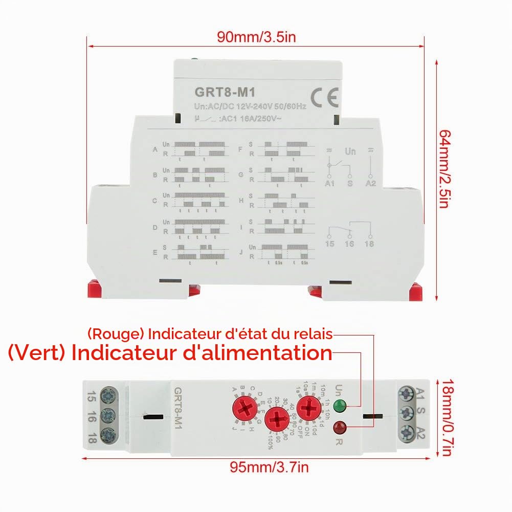 Jadeshay Relais Temporisé 12V GRT8-M1 Relais Temporisé Multifonctionnel avec 10 Fonctions Montage sur Rail DIN AC/DC 12V ~ 240V