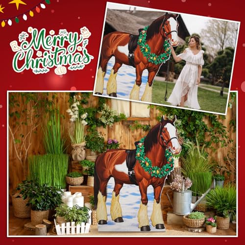 Image of Marsui 6.3 ft Christmas Clydesdale Horse Cardboard Cutout Stand up Life Size Christmas Clydesdale Party Decorations Farm Animals Photo Props for Horse Racing Party Decor Derby Theme Supplies
