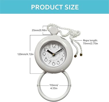 Waterproof Shower Clock, 4.72 in Analog Quartz Bathroom Clock with Silent Movement, Hanging or Standing, ABS Plastic, Requires 1 AA Battery, Not Included, White