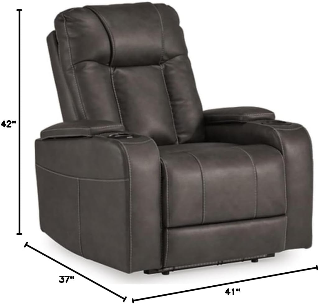 BOWERY HILL Faux Leather Power Recliner, Gray Finish, 37" W x 41" D x 42" H, Adjustable Headrest, USB Port, Storage Arms, Cup Holders, LED Lighting, Contemporary Home Theater Seating