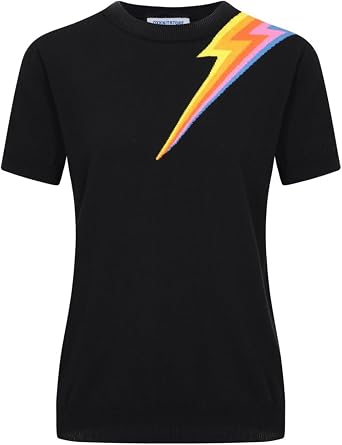 OXKnit Womens 1960s Retro Black Short Sleeve T-Shirts, Lightning Sleeve Crewneck Casual Knitted Tops