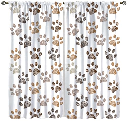 Dog Paw Curtains for Kids Room, Fun Cartoon Hand Painted Cute Dog Paw Print Blackout Rod Pocket Window Treatments Drapes for Bedroom Living Room52x84in