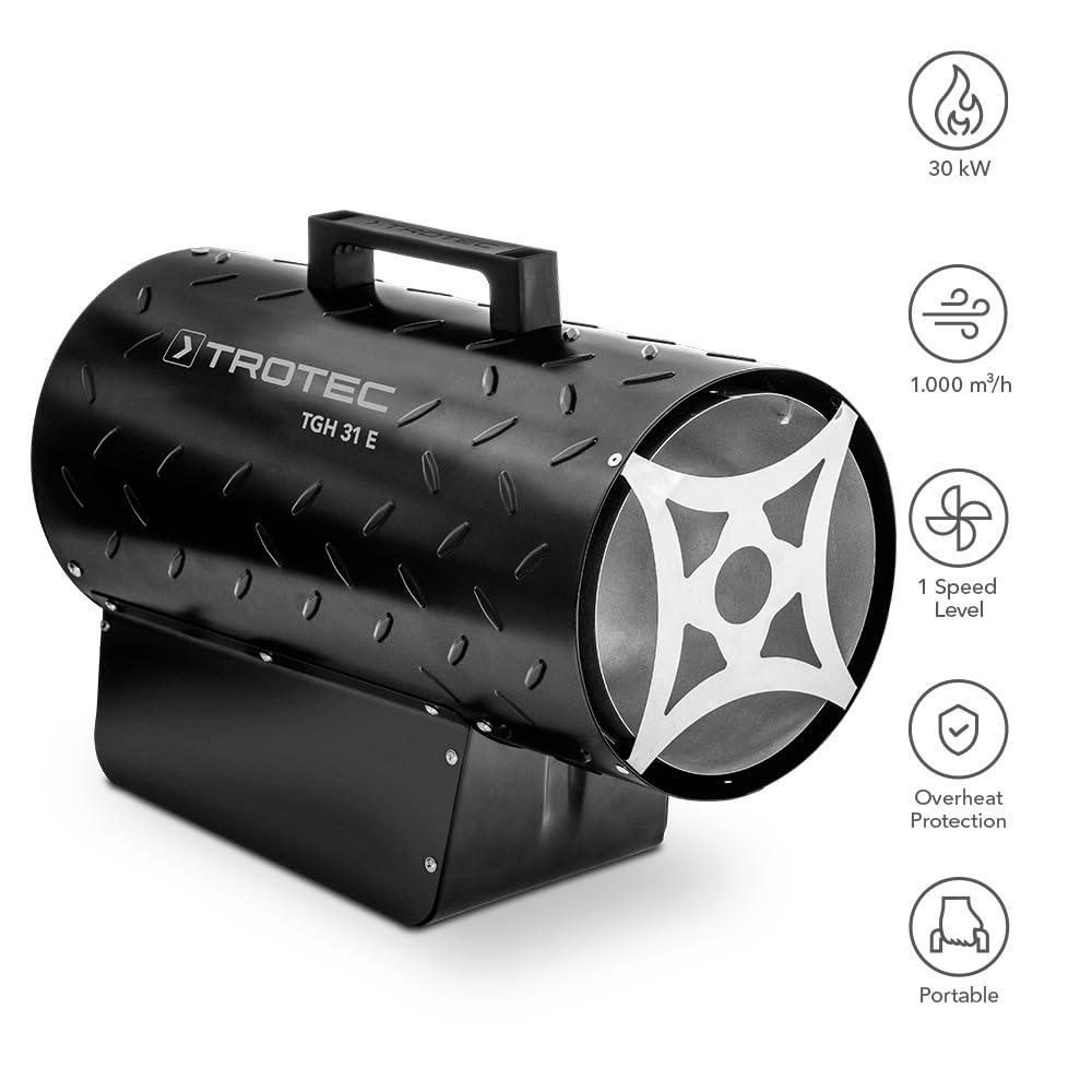 TROTEC TGH 31 E - Calefactor de Gas con Manguera de conexi?n y Reductor de Presi?n, Potencia de hasta 30 kW, 1000 m3/h de Flujo de Aire, para bombonas de Gas comerciales, Encendido piezoel?ctrico