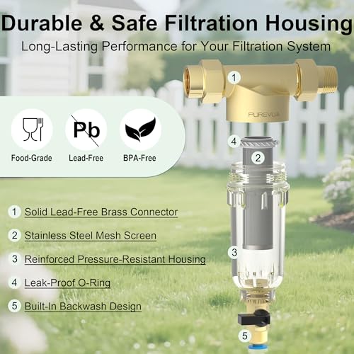 Purevua PGF1 Spin Down Garden Hose Sediment Filter, 3/4\" GHT Connector, Reusable 40/100/200 Micron Stainless Steel Mesh Water Filter, Inline Sediment Filter for RV, Camping, Pressure Washer & Car Wash