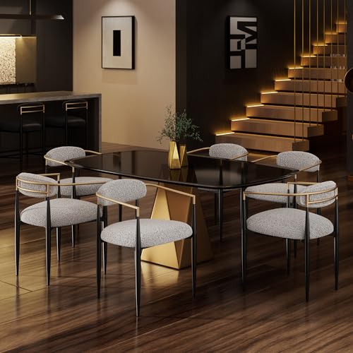 Morden Fort Modern Dining Chairs Set of 6, Upholstered Boucle Dining Chairs with Gold Arms and Black Metal Legs for Kitchen, Living Room and Apartment