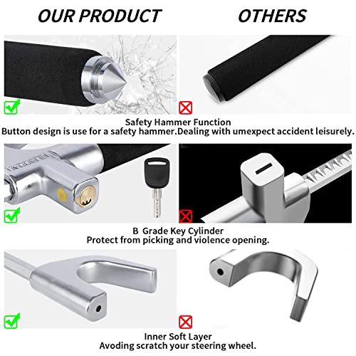 LOCKISH Car Steering Wheel Lock Anti-Theft Device,Car Lock Anti Theft Prevention,Adjustable Length Clamp Double Hook Universal Fit Emergency Hammer Window Breaker Self Defense Heavy Duty Secure,Black