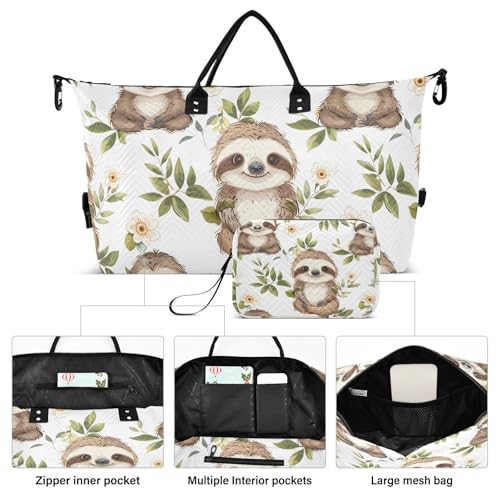 Cute Baby Sloth White Flowers Travel Duffle Bag,Large Weekender Travel Bag for Women Men Waterproof Luggage Bag with Trolley Sleeve,Airplane Travel Essentials for Flying2